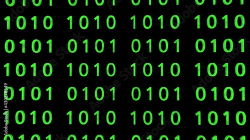 Technological background. Representation of binary code. Green binary digits 1 and 0 in 3D space. Camera in rotation. Technology concept. Binary code footage. With Alpha channel.