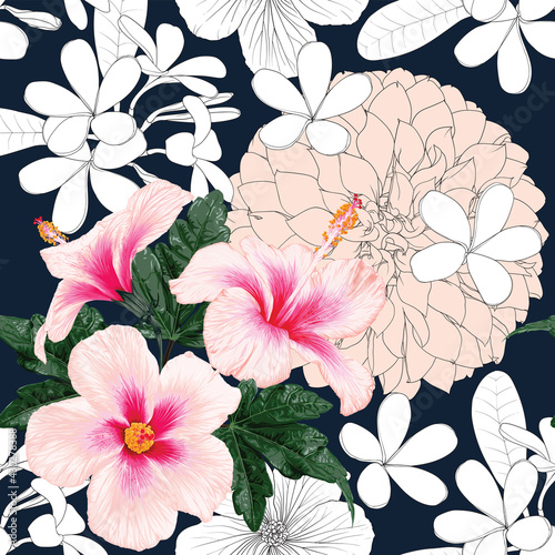 Seamless pattern floral with Hibiscus Dahlia and frangipani flowers abstract background.Vector illustration hand drawning line art.For fabric pattern pint design.