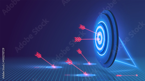 Darts target. Success Business Concept. Target hit in center by arrows, future technology. Multiple fail inaccurate attempt hit goal. Symbolic goals achievement, success, victory. Vector