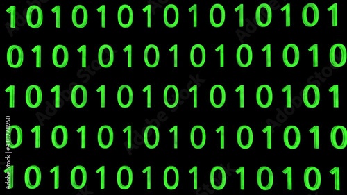 Technological background. Representation of binary code. Green binary digits 1 and 0 in 3D space. Camera in rotation. Technology concept. Binary code footage. With Alpha channel.