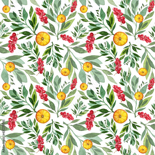 Seamless pattern watercolor citrus fruit orange slice, green leaves, red branch berries cranberry isolated on white background. Hand-drawn food object for menu, sticker, wrapping, card, wallpaper