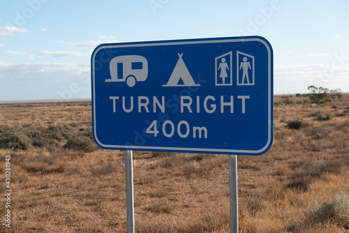 Camping area information road sign in rural Australian countryside