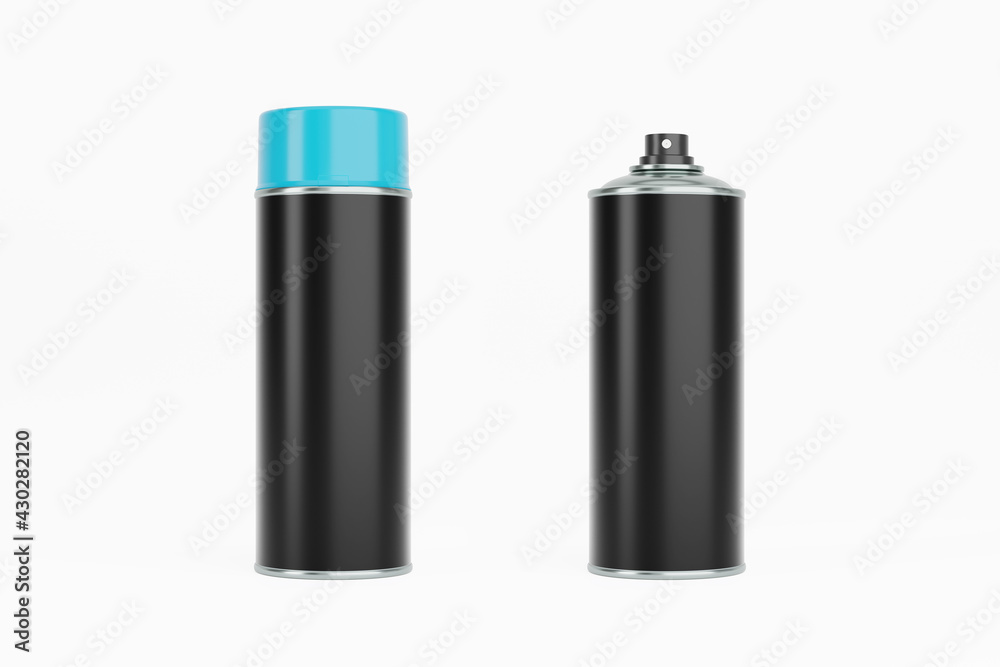 Spray paint can with blue cap and black label. Isolated on white background for mock-up, branding. Spray paint can with blue cap and black label. Isolated on white background for mock-up, branding.