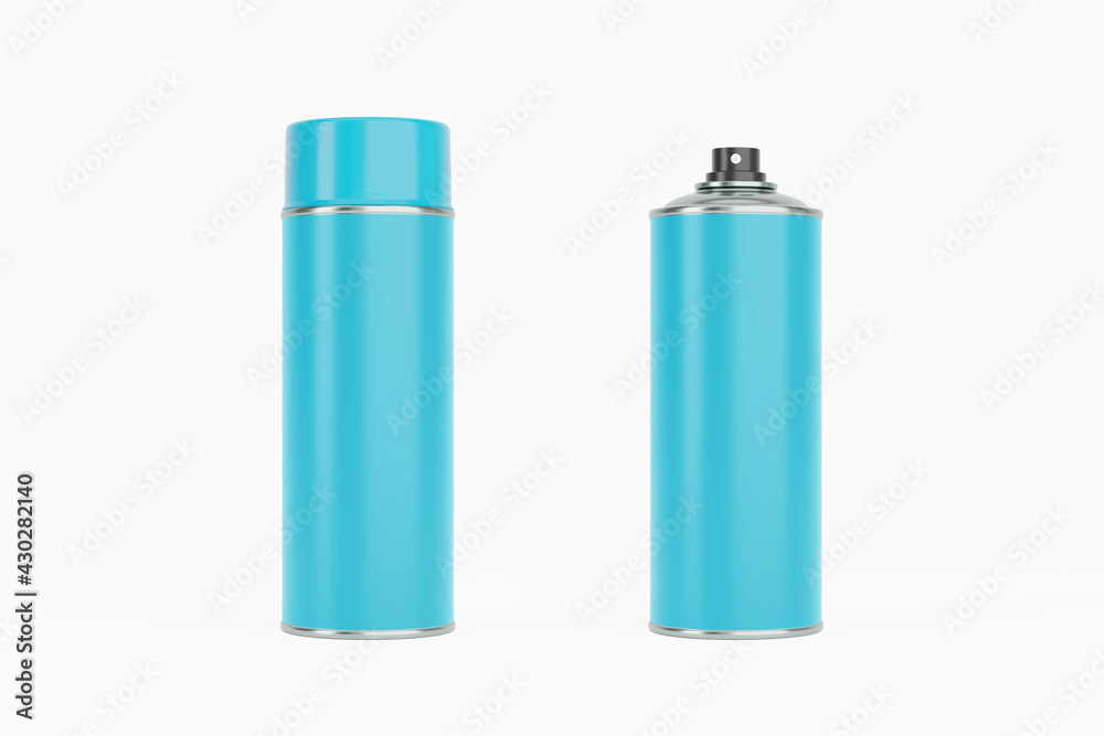 Spray paint can with blue cap and blue label. Isolated on white background for mock-up, branding.