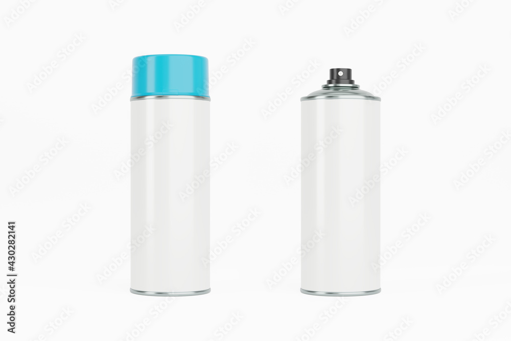 Spray paint can with blue cap and white label. Isolated on white background for mock-up, branding. Spray paint can with blue cap and white label. Isolated on white background for mock-up, branding.