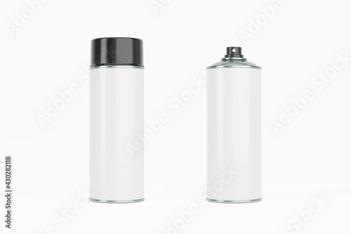 Spray paint can with black cap and white label. Isolated on white background for mock-up, branding.
