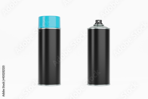 Spray paint can with blue cap and black label. Isolated on white background for mock-up, branding.