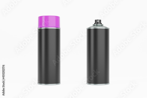 Spray paint can with magenta cap and black label. Isolated on white background for mock-up, branding.