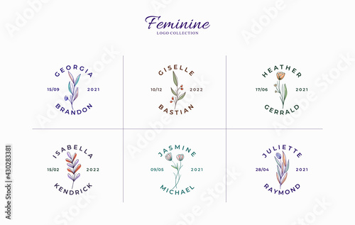 Set of beautiful minimalist floral logos with bridal names