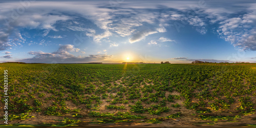 full spherical hdri panorama 360 degrees angle view on among farming fields in autumn evening with awesome sunset clouds in equirectangular projection, ready for VR AR virtual reality content