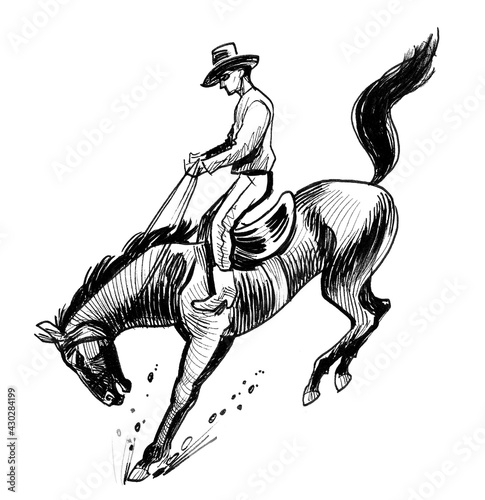 Rodeo cowboy riding a wild horse. Ink black and white drawing © berdsigns