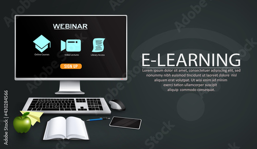 E-learning vector template design. E-learning webinar text with monitor computer, keyboard and mouse device for online education training and tutorial lecture. Vector illustration
