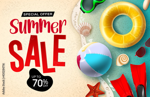 Sumer sale vector banner design. Summer sale 3d text up to 70% off discount with beach ball, floater and sunglasses element for summer special offer business promo. Vector illustration
