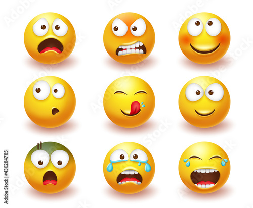 Smiley emoji vector set. Smileys 3d yellow icon in angry, laughing and crying facial expressions isolated in white background for emoticon character collection design. Vector illustration  © ZeinousGDS