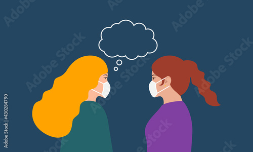 Illustration of two young women talking wearing a medical face mask. Vector