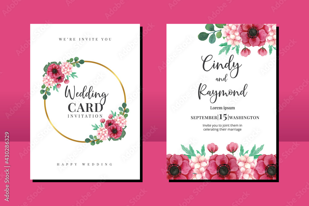 Obraz premium Wedding invitation frame set, floral watercolor hand drawn Anemone and Hydrangea Flower design Invitation Card Template