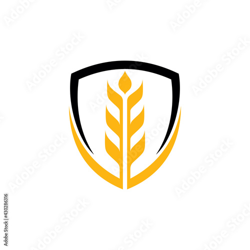 Shield wheat flat logo template suitable for organic product symbol, food icon, rice label, foodstuffs, bakery store and others