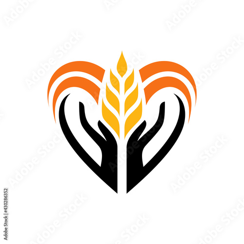 Logo template of wheat with hand and heart suitable for food icon, rice product label, foodstuffs, bread, health nutrition and others