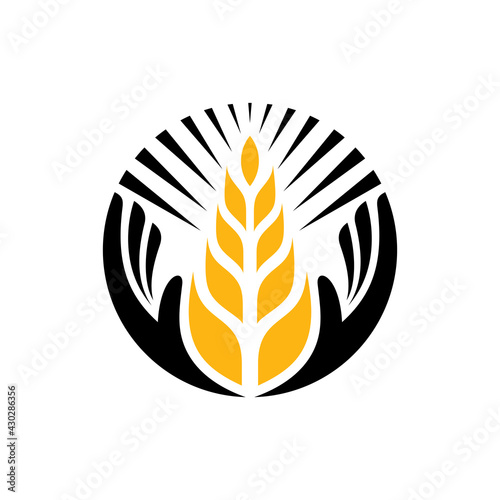 Logo template of wheat with hand and sun suitable for agriculture symbol, organic food icon, rice product label, foodstuffs, bakery and others