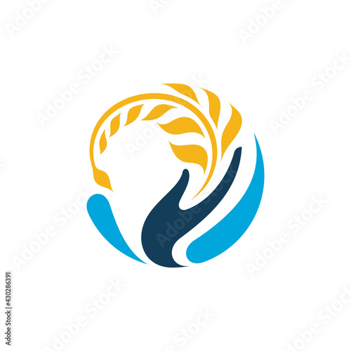 Logo template of wheat with hand and water suitable for agriculture, organic food symbol, rice product, foodstuffs, bread and others