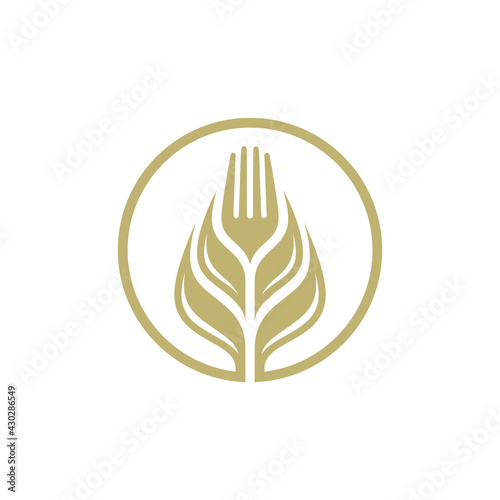 Logo template of wheat and fork suitable for food restaurant icon, organic rice product label, foodstuffs, agriculture symbol and others