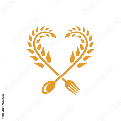 Vector logo template of wheat with heart and cutlery suitable for healthy food icon, rice label, foodstuffs, bread bakery, organic product, agriculture and others