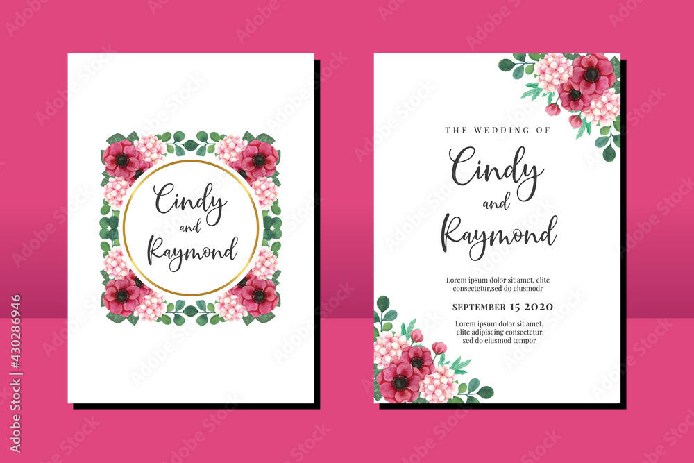 Naklejka premium Wedding invitation frame set, floral watercolor hand drawn Anemone and Hydrangea Flower design Invitation Card Template