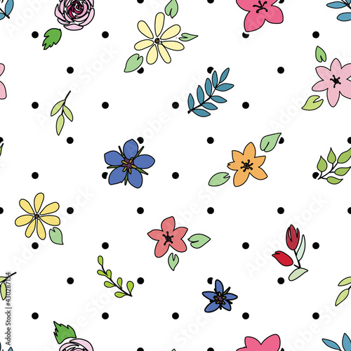 Pastel flowers varied over small black polka dot background seamless pattern. 