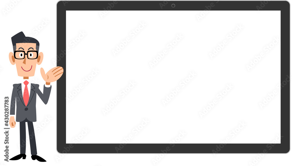 横置きのタブレットPCの前で案内するビジネスマン
