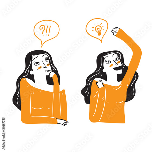A beautiful woman is acting in doubt or emotion. Having a good idea, thinking about it.