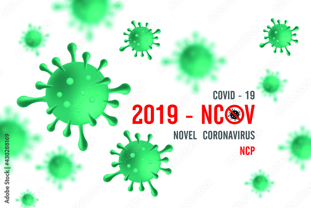 Novel Coronavirus (2019-nCoV). Virus Covid 19-NCP. Coronavirus nCoV denoted is single-stranded RNA virus. Background with realistic 3d green virus cells. Horizontal banner, poster, header for website
