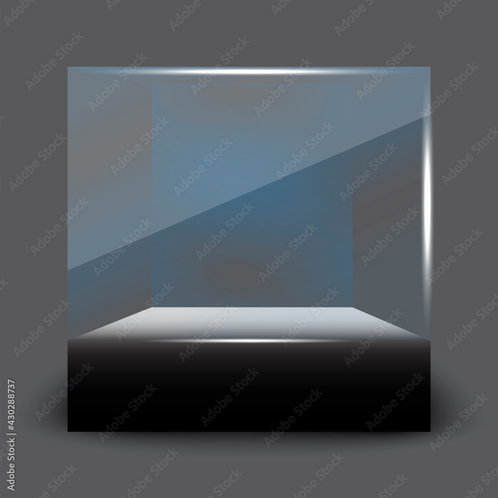 Fototapeta premium 3d mockup with black glass showcase form cube. Interior design. Vector illustration. Stock image. EPS 10.