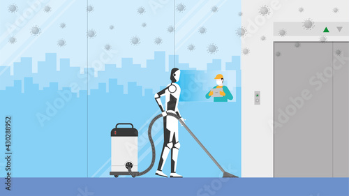 Cleaning robot control by human remote in risk area of virus epidemic and pandemic for protecting the infection. Artificial intelligence mechanism uses automatic vacuum cleaner in office lift hall.