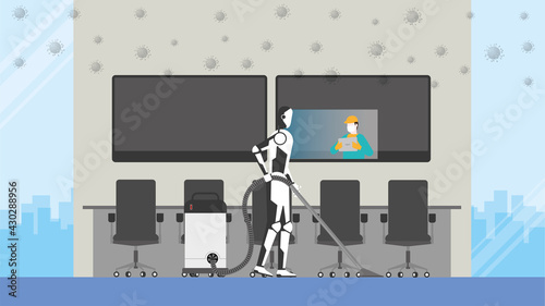 Cleaning robot control by human remote in risk area of virus epidemic and pandemic for protect the infection. Artificial intelligence mechanism uses automatic vacuum cleaner in an office meeting room.