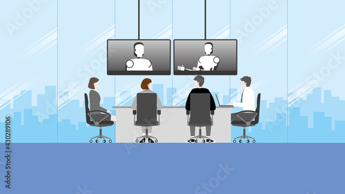 ฺTechnology concept of business online meeting teleconference video call in future. People sit and listen to the robot artificial intelligence talking by internet from video conference in office room.