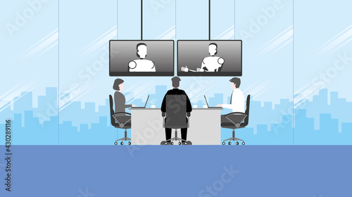 ฺTechnology concept of business online meeting teleconference video call in future. People sit and listen to the robot artificial intelligence talking by internet from video conference in office room.