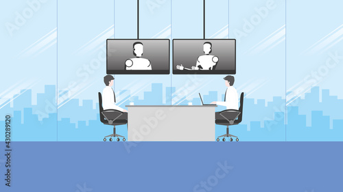 ฺTechnology concept of business online meeting teleconference video call in future. People sit and listen to the robot artificial intelligence talking by internet from video conference in office room.