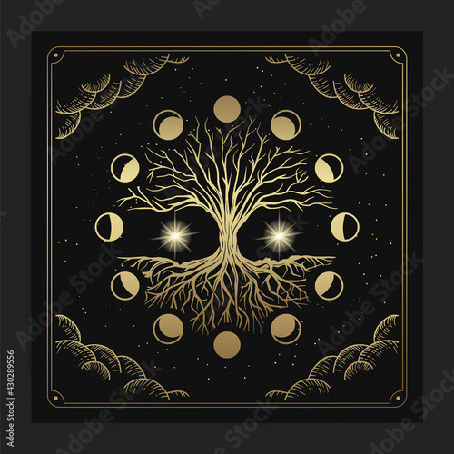 Magical sacred tree in moon phase decoration with engraving, hand drawn, luxury, celestial, esoteric, boho style, fit for spiritualist, religious, paranormal, tarot reader, astrologer or tattoo 