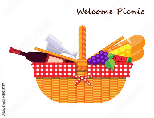 Illustration vector flat cartoon icon or logo of isolated Wicker Picnic Basket or Hamper and food and drink,bread,grape,water melon,cheese,wine,bottle,glass with blanket on white background.