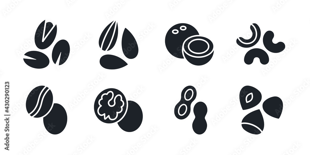 Nuts icon set. Black isolated silhouette. Fill solid icon. Modern design. Almond cashew coffee hazelnut peanut pistachios walnut coconut vector collection. Modern design. Healthy food and vitamins Nuts icon set. Black isolated silhouette. Fill solid icon. Modern design. Almond cashew coffee hazelnut peanut pistachios walnut coconut vector collection. Modern design. Healthy food and vitamins