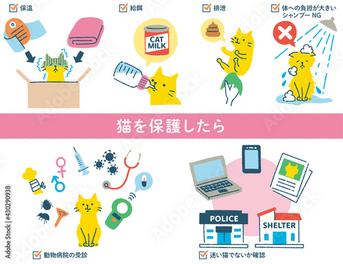猫をケアするイラストセット