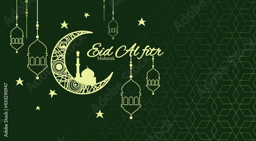Eid themed vector illustration with hexagon pattern background and simple lantern, star and moon decoration in yellow and green colors. Perfect for Eid.
