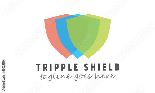 Overlap triple shield logo template. transparent color protection logotype. vector