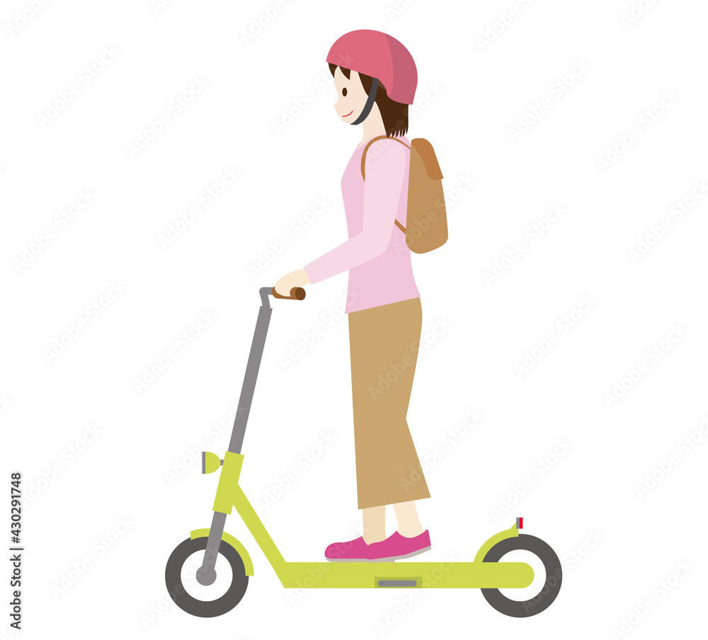 人物 女性と電動キックスクーター 電動キックボードのイラスト Stock Vector Adobe Stock
