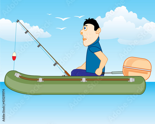 Man fisherman on rubber boat with motor