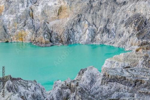 Ijen volcano crater and Blue green lake. Beautiful Landscape mountain and green lake with smoke sulfur in the morning in a Kawah Ijen volcano. Beautiful landmark from East Java, Indonesia