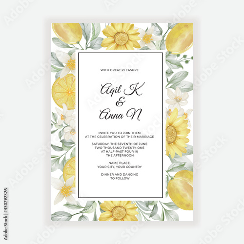 spring lemon flower watercolor frame for background wedding invitation