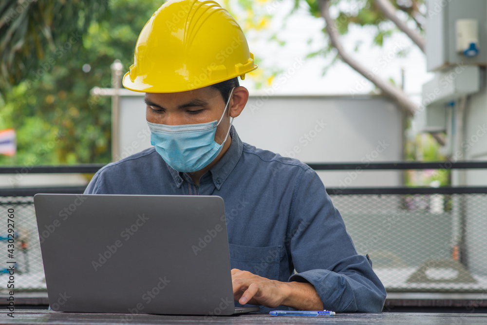 Worker Engineer working computer laptop technology, Worker Engineer wear medical mask prevent covid19 coronavirus protection