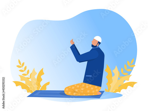 Religious Muslim Prayer prayer in traditional clothes full length vertical vector illustrationin mosque background vector graphics photo