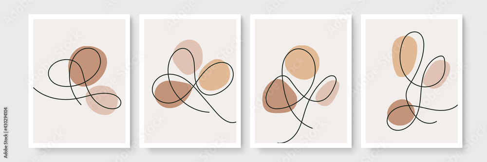 Gold bohemian moon line wall art vector set. Earth tone boho foliage line art drawing with abstract shape. Abstract Plant Art design for print, cover, wallpaper, Minimal and natural wall art.